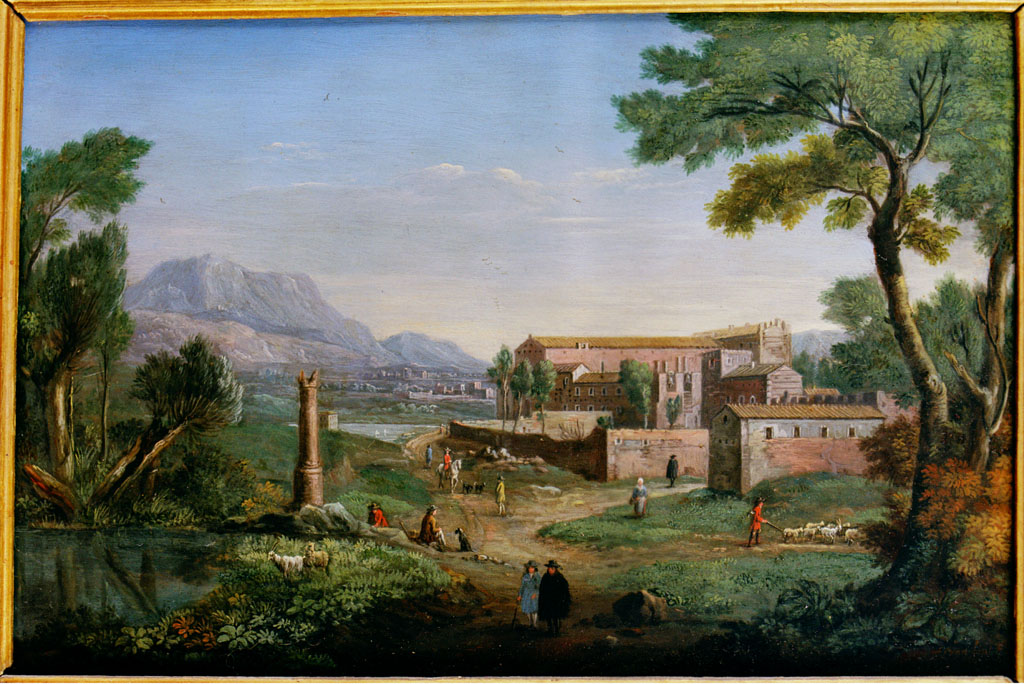 paesaggio con un convento (dipinto) di Van Lint Hendrik Frans (sec. XVIII)