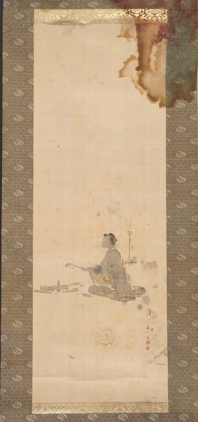 geisha che suona lo shamisen, ritratto di donna (dipinto, opera isolata) di Kawanobu Hakkaku (primo quarto sec. XIX)