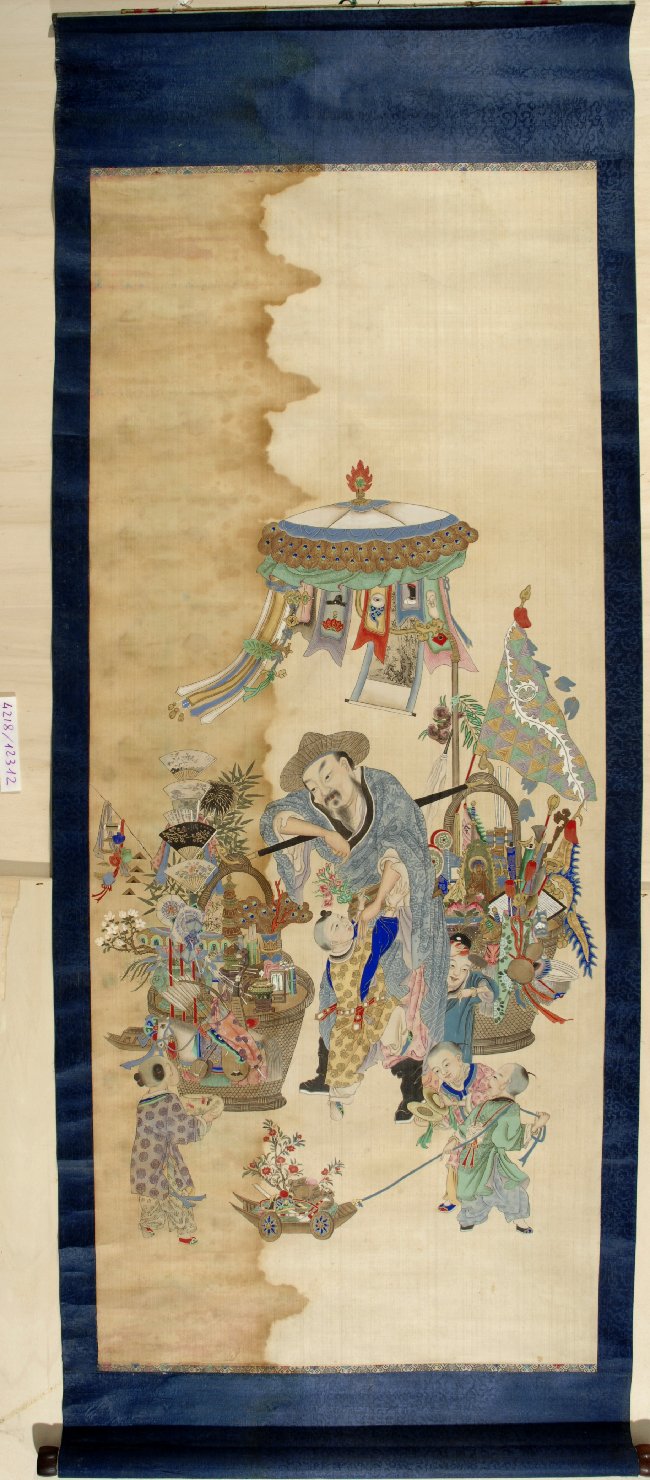 venditore ambulante e cinque fanciulli: parodia di Lu Xing, figura maschile di anziano (dipinto, opera isolata) - ambito cinese (fine sec. XIX)