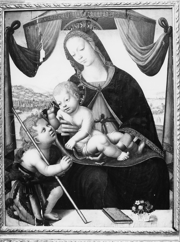 Madonna con Bambino e San Giovannino (dipinto) di Lorenzo di Credi (bottega) (sec. XIX)
