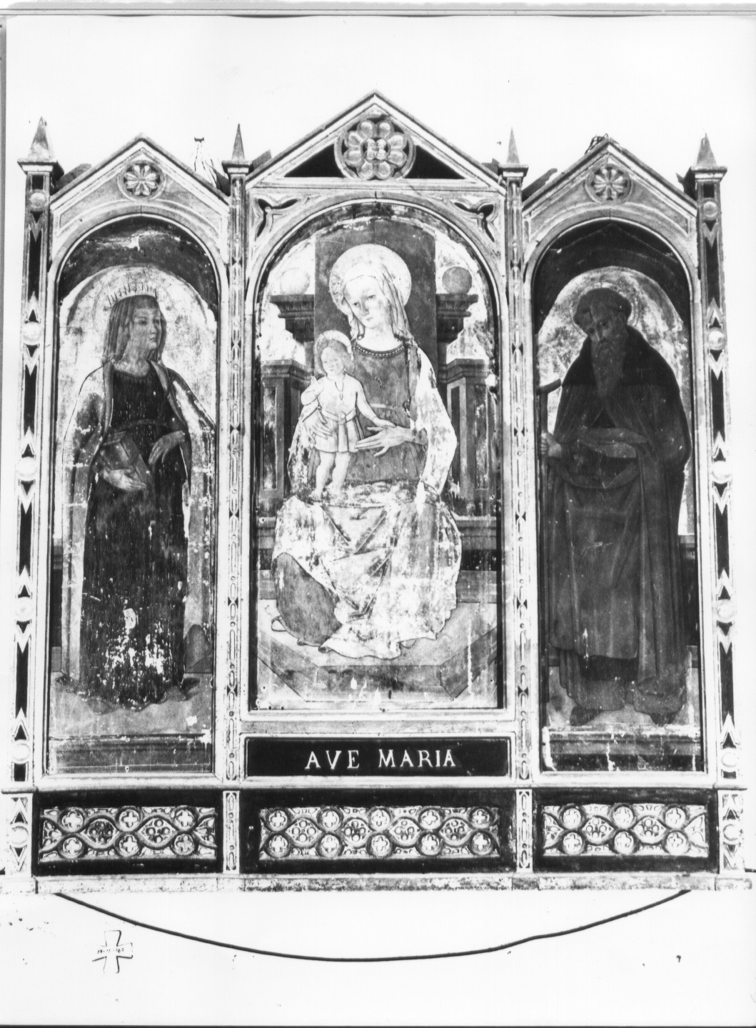 Madonna col Bambino e i Santi Rufina e Antonio Abate (dipinto) di Alemanno Pietro (attribuito) (sec. XV)