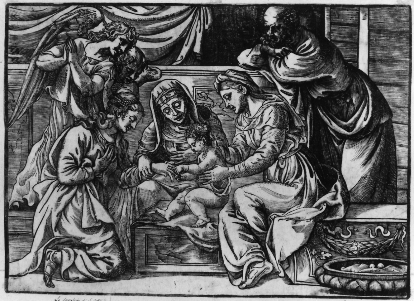 Nozze mistiche di Santa Caterina, matrimonio mistico di Santa Caterina da Siena (stampa smarginata) di Vecellio Tiziano, Boldrini Niccolò (sec. XVI)