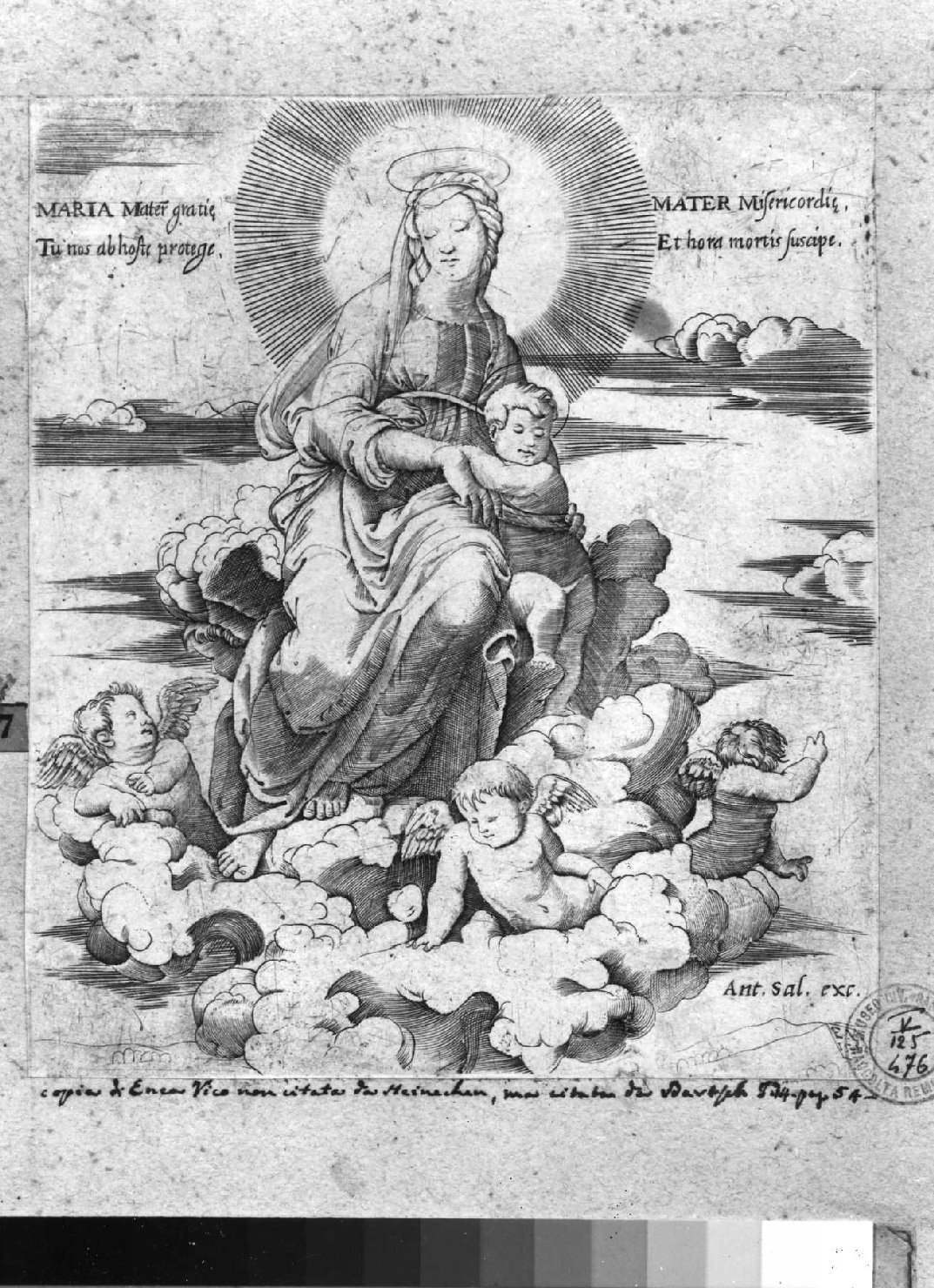 Madonna con Bambino e angeli (stampa smarginata) di Vico Enea, Sanzio Raffaello (sec. XVI)