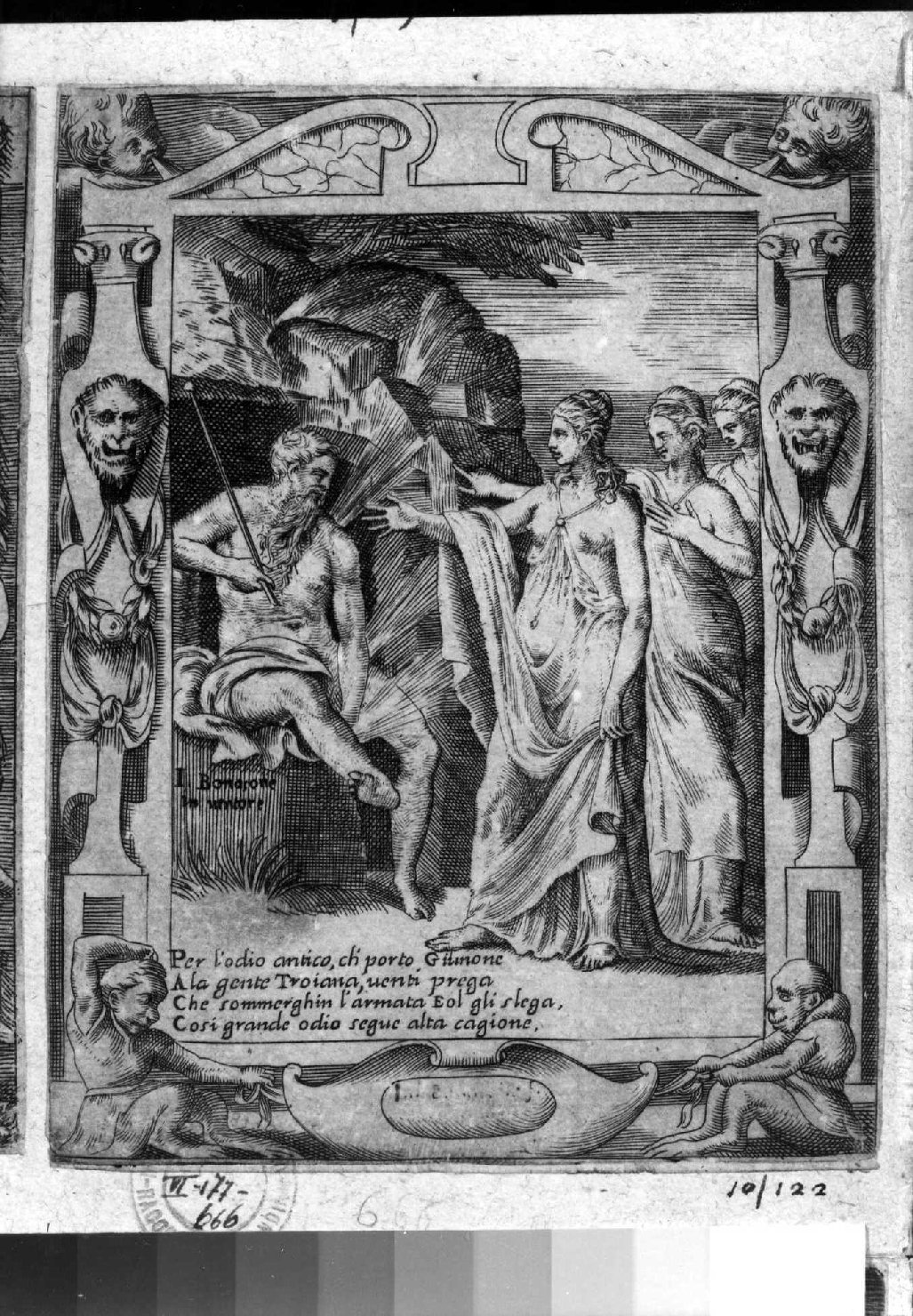 Giunone e Eolo (stampa smarginata, serie) di Bonasone Giulio (sec. XVI)