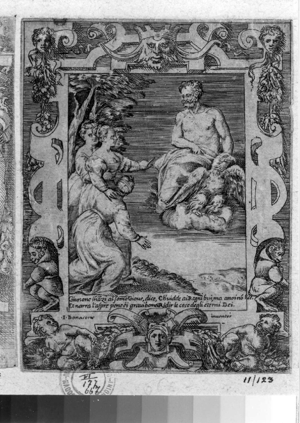 Giunone implora per i greci l'aiuto di Giove (stampa smarginata, serie) di Bonasone Giulio (sec. XVI)