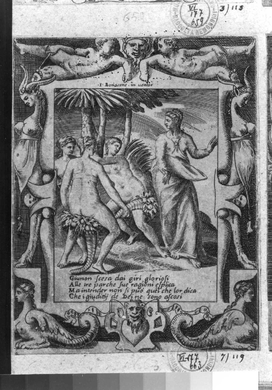 Giunone parla alle Parche (stampa smarginata, serie) di Bonasone Giulio (sec. XVI)