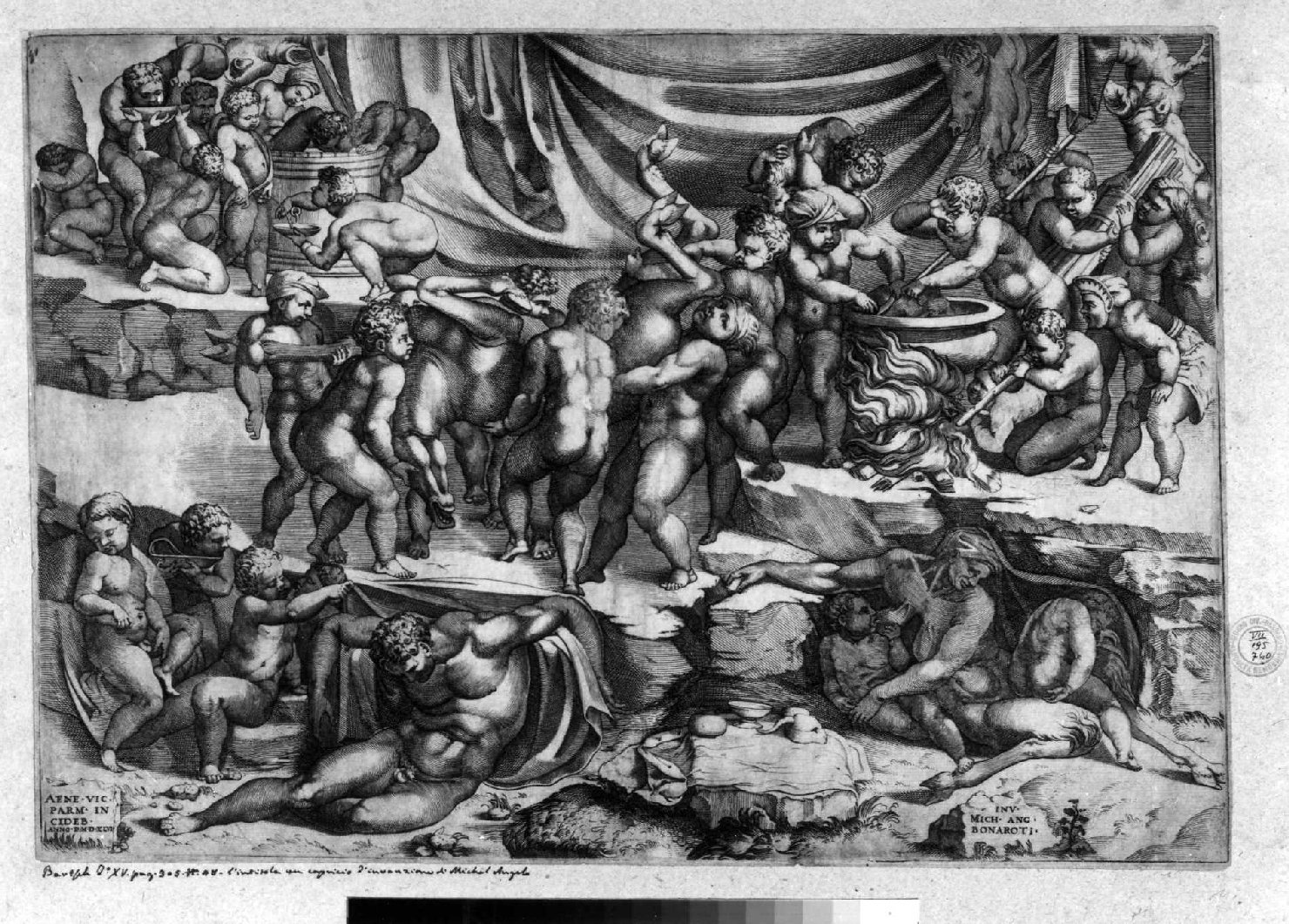 baccanale di putti (stampa smarginata) di Vico Enea, Buonarroti Michelangelo (sec. XVI)