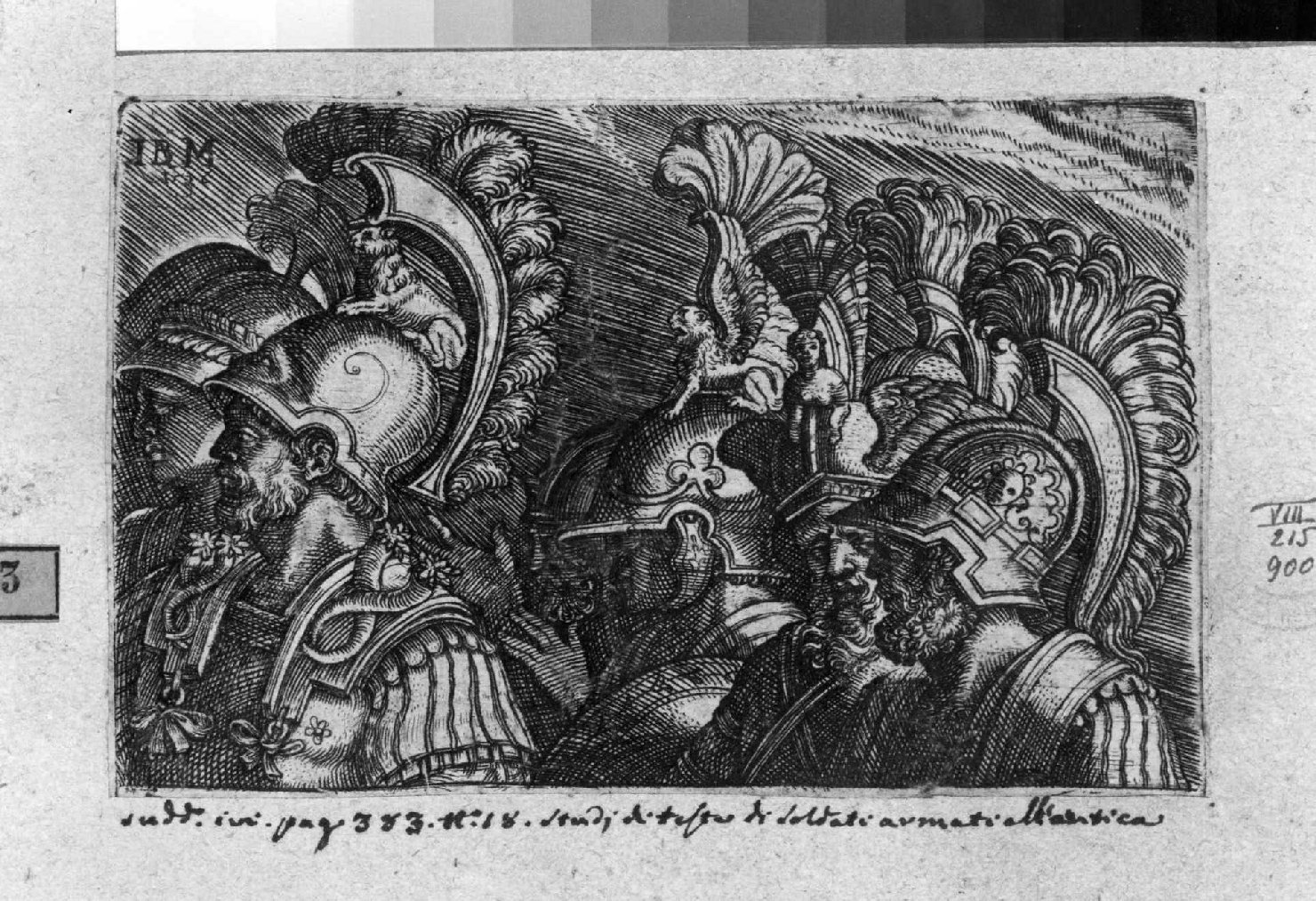 teste di guerrieri (stampa) di Scultori Giovanni Battista (sec. XVI)