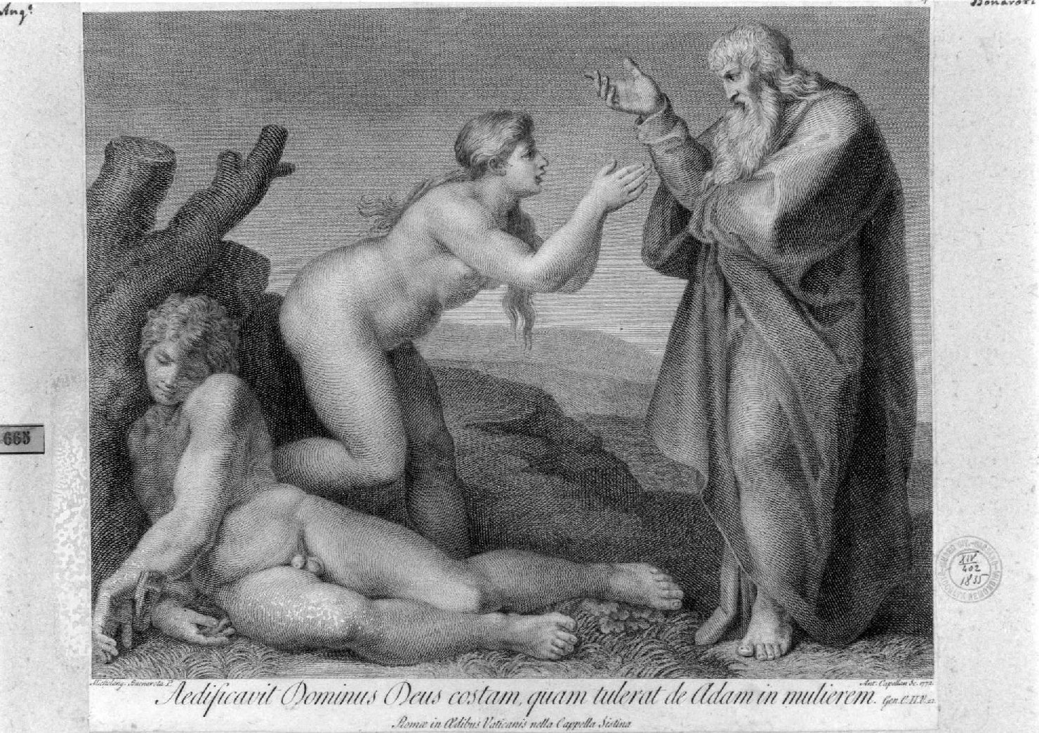 creazione di Eva (stampa smarginata, serie) di Buonarroti Michelangelo, Capellan Antonio (sec. XVIII)