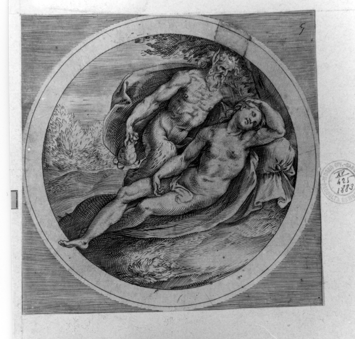 Giove, in sembianze di satiro, si avvicina ad Antiope dormiente (stampa smarginata, serie) di Alberti Cherubino, Polidoro da Caravaggio (sec. XVI)