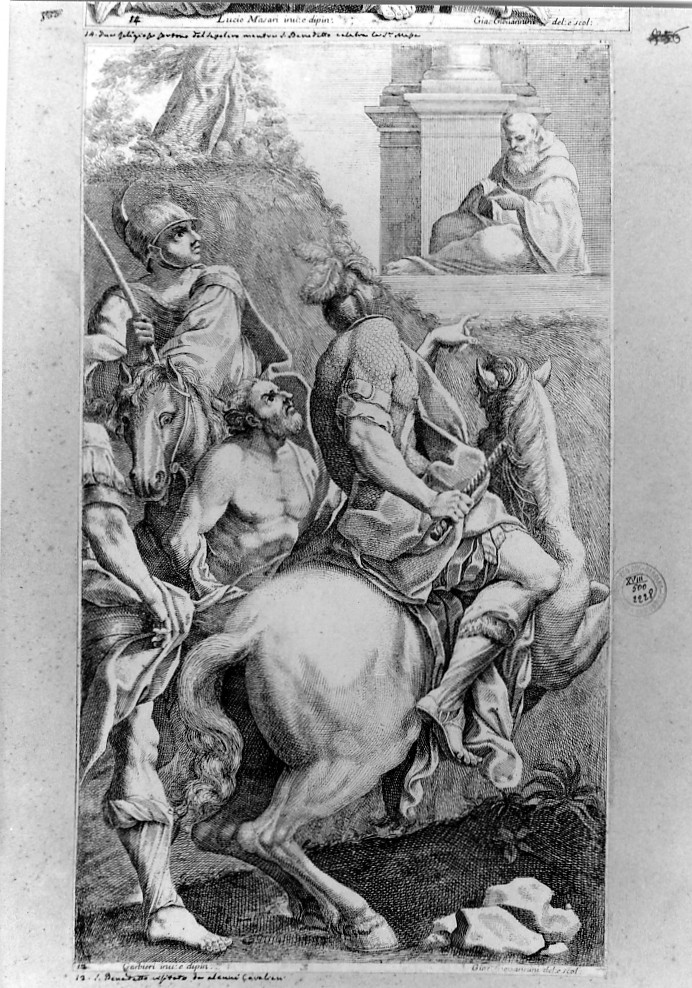 San Benedetto riceve la visita di alcuni cavalieri (stampa smarginata) di Giovannini Giacomo, Garbieri Lorenzo (sec. XVII)