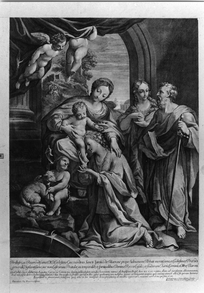 Madonna con Bambino, Santa Caterina d'Alessandria, Santa Maria Maddalena, San Paolo e San Giovannino (stampa) di Carracci Agostino, Farjat Benoit (sec. XVIII)