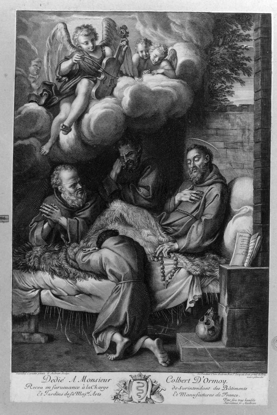 morte di San Francesco d'Assisi (stampa smarginata) di Carracci Annibale, Audran Gérard (seconda metà sec. XVII)