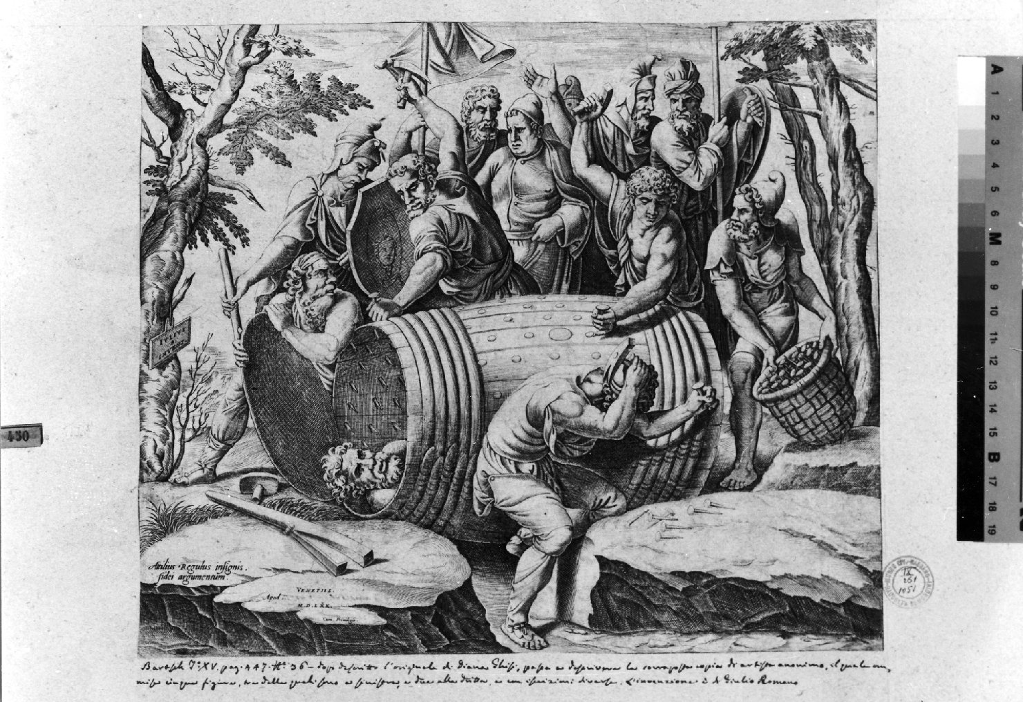 Attilio Regolo rinchiuso nella botte (stampa smarginata) di Scultori Giovanni Battista, Giulio Romano (sec. XVI)