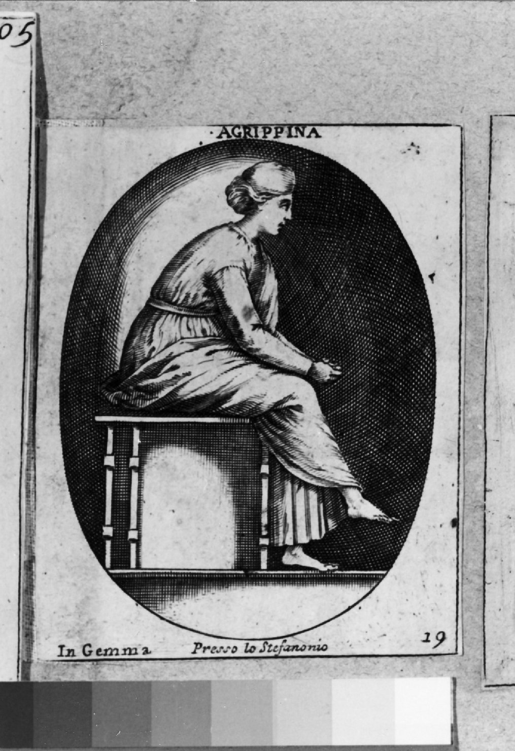 gemma antica con figura di Agrippina, ritratto d'uomo di profilo (stampa smarginata) di Vico Enea (sec. XVIII)