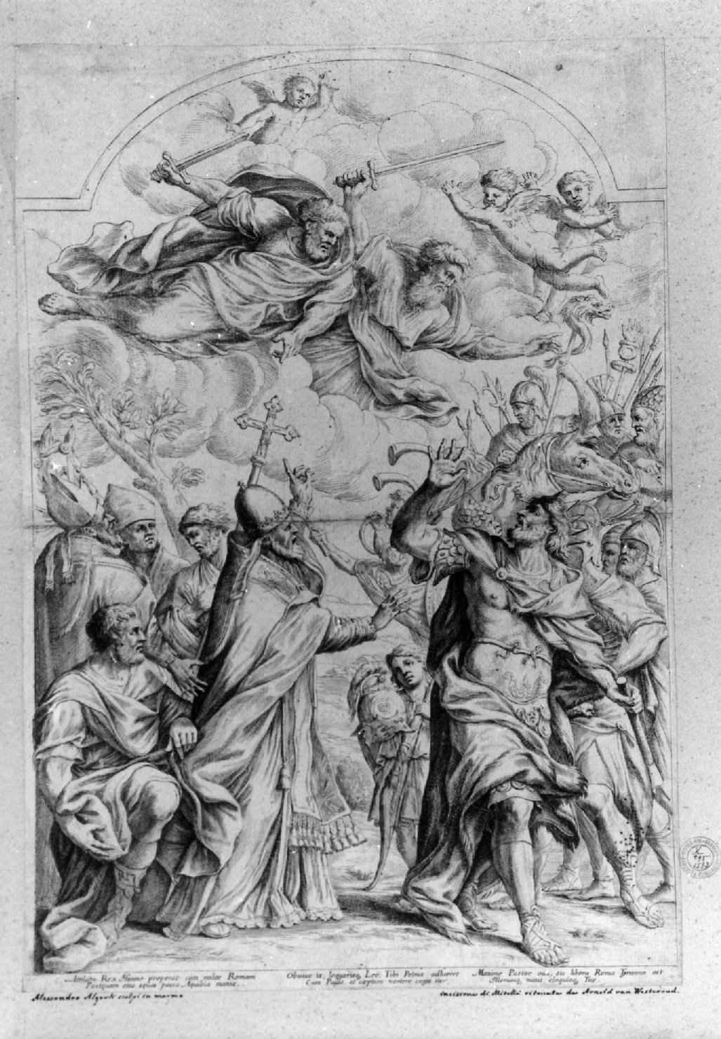 papa Leone scaccia Attila (stampa smarginata) di Mitelli Giuseppe Maria, Westerhout Arnold van, Algardi Alessandro (secc. XVII/ XVIII)
