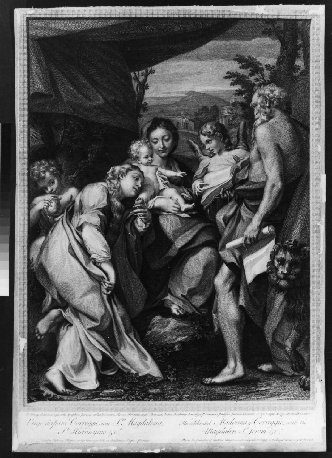Madonna con Bambino, San Girolamo, San Giovannino, Santa Maria Maddalena e angelo (stampa smarginata) di Strange Robert, Correggio (sec. XVIII)