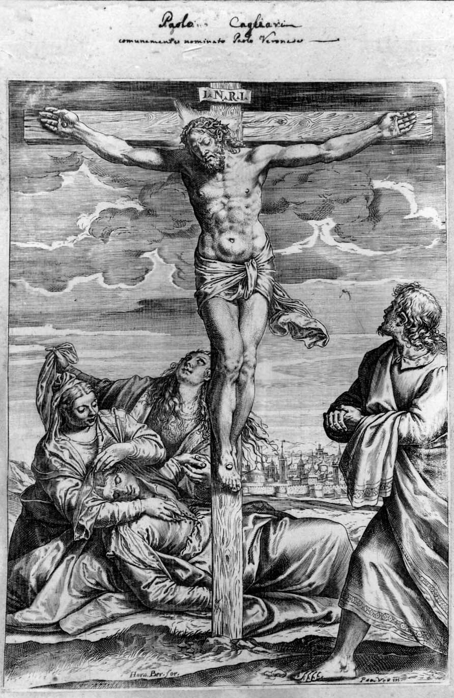 crocifissione di Cristo (stampa smarginata) di Veronese Paolo, Carracci Agostino (sec. XVI)