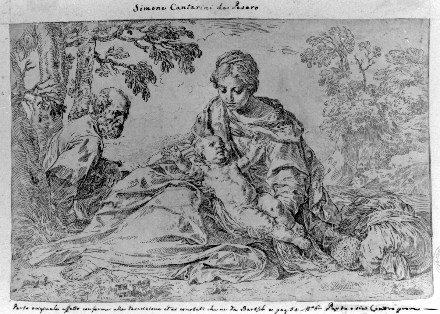 riposo nella fuga in Egitto (stampa smarginata) di Cantarini Simone detto Pesarese - ambito emiliano (sec. XVII)