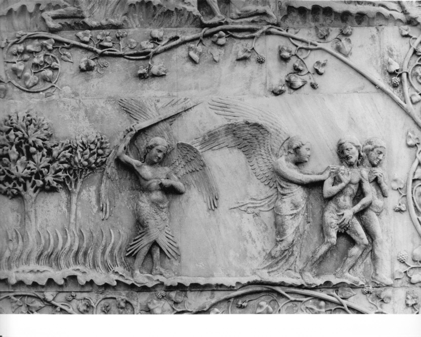 cacciata di Adamo ed Eva dal paradiso terrestre (rilievo, elemento d'insieme) di Maitani Lorenzo (bottega) (sec. XIV)