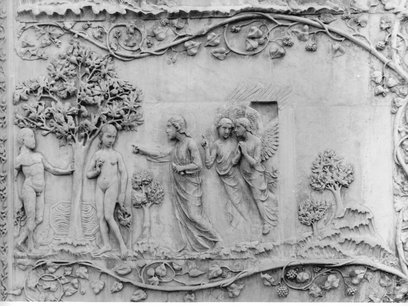 ammonimento di Dio ad Adamo (rilievo, elemento d'insieme) di Maitani Lorenzo (attribuito) (sec. XIV)