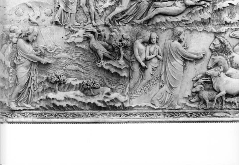 creazione dei pesci e degli uccelli (rilievo, elemento d'insieme) di Maitani Lorenzo (attribuito) (sec. XIV)