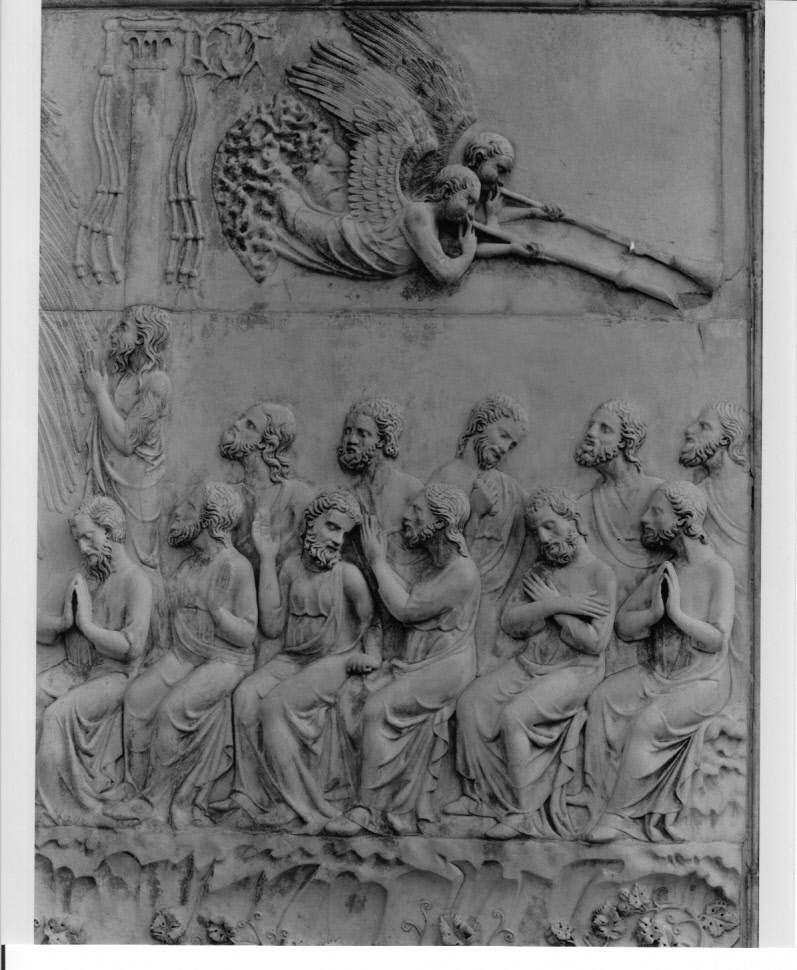 profeti, San Giovanni Battista e angeli con trombe (rilievo, elemento d'insieme) di Maitani Lorenzo (bottega) (sec. XIV)