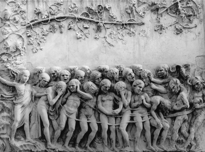 cacciata dei reprobi all'inferno (rilievo, elemento d'insieme) di Maitani Lorenzo (attribuito) (sec. XIV)