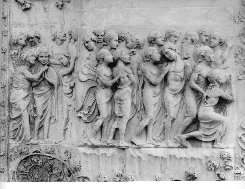 beati accolti in Paradiso (rilievo, elemento d'insieme) di Maitani Lorenzo (bottega) (sec. XIV)