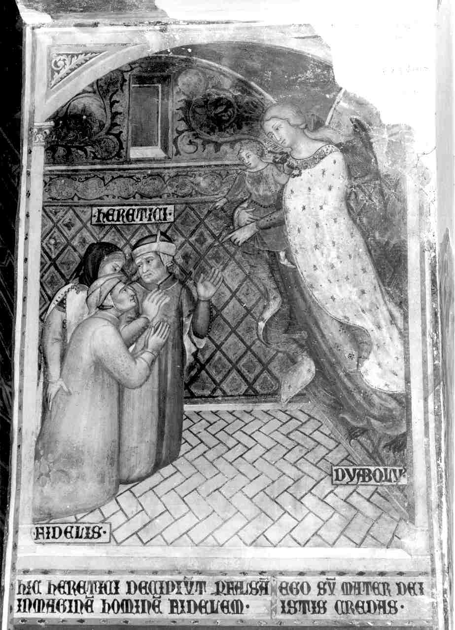 San Pietro Martire scaccia con l'ostia il demonio apparso con le sembianze della Madonna (dipinto, elemento d'insieme) di Ugolino di Prete Ilario (e aiuti) (sec. XIV)