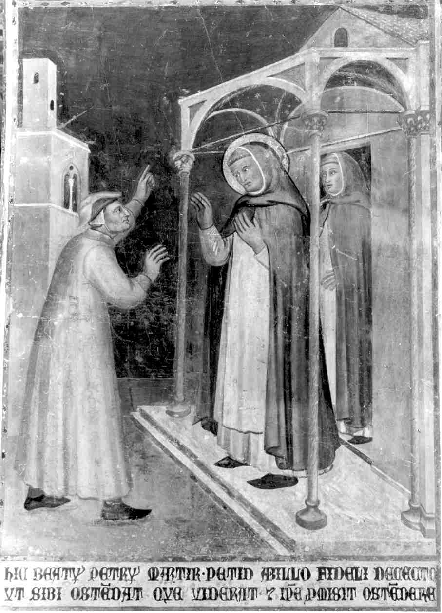 San Pietro Martire scaccia con l'ostia il demonio apparso con le sembianze della Madonna (dipinto, elemento d'insieme) di Ugolino di Prete Ilario (e aiuti) (sec. XIV)