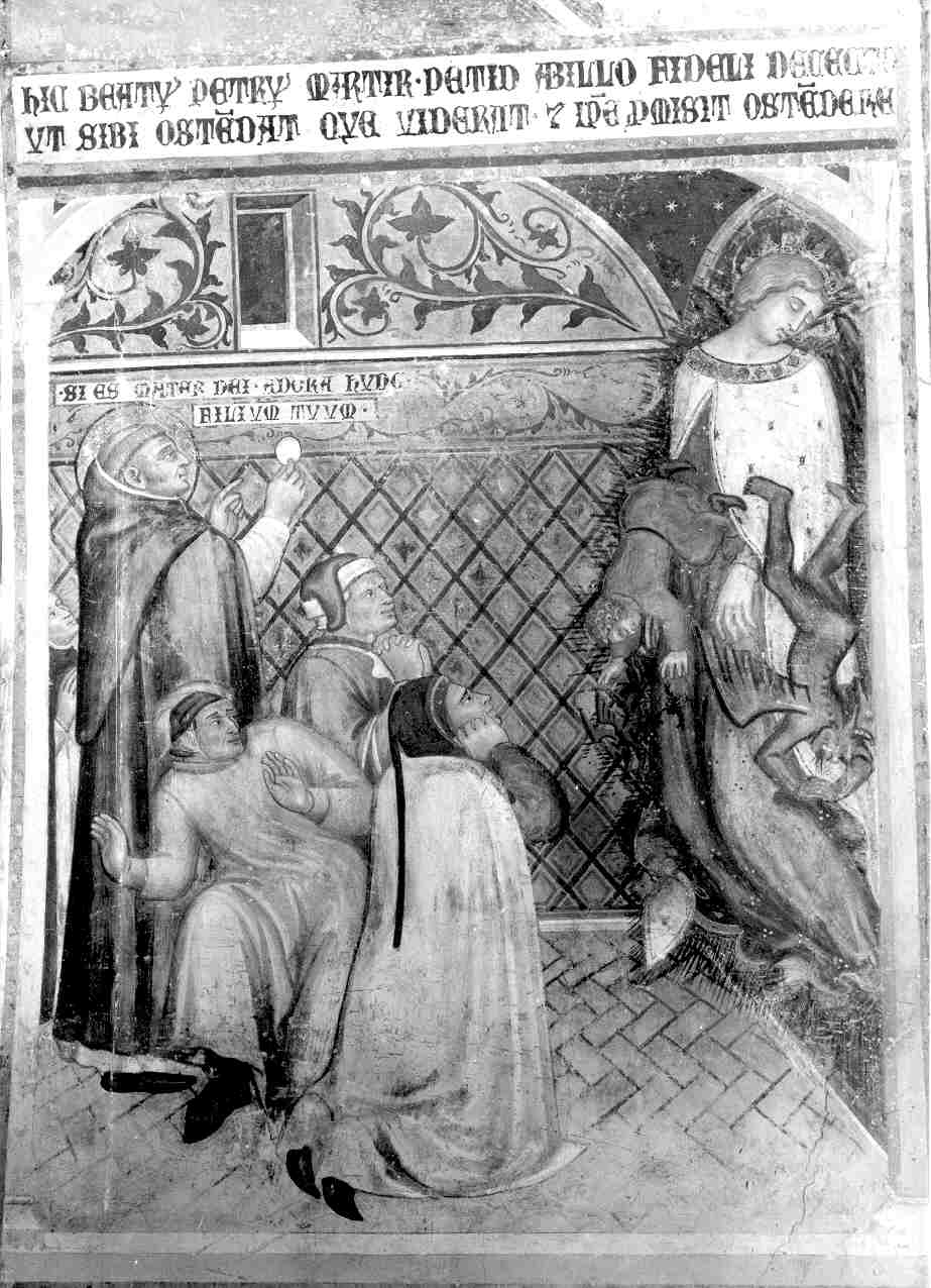 San Pietro Martire scaccia con l'ostia il demonio apparso con le sembianze della Madonna (dipinto, elemento d'insieme) di Ugolino di Prete Ilario (e aiuti) (sec. XIV)
