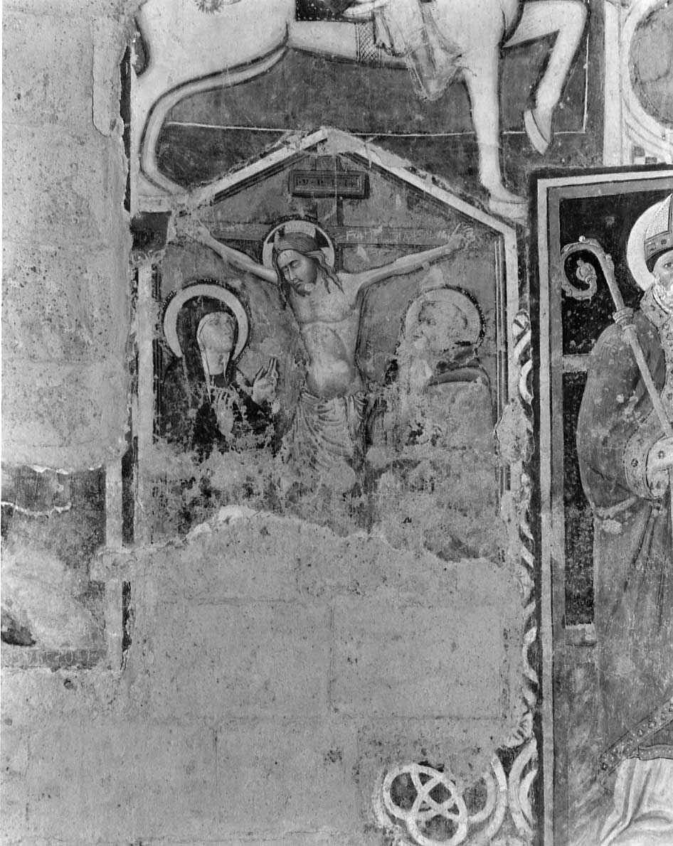 Cristo crocifisso con la Madonna e San Giovanni Evangelista (dipinto, complesso decorativo) - ambito Italia centrale (inizio sec. XV)