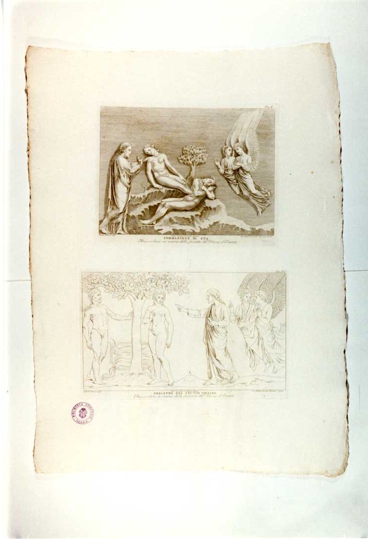 CREAZIONE DI EVA; DIO ORDINA DI NON MANGIARE IL FRUTTO PROIBITO (stampa, serie) di Pisano Nicola, Maitani Lorenzo, Leonetti Giovan Battista, Cencioni Carlo (sec. XVIII)
