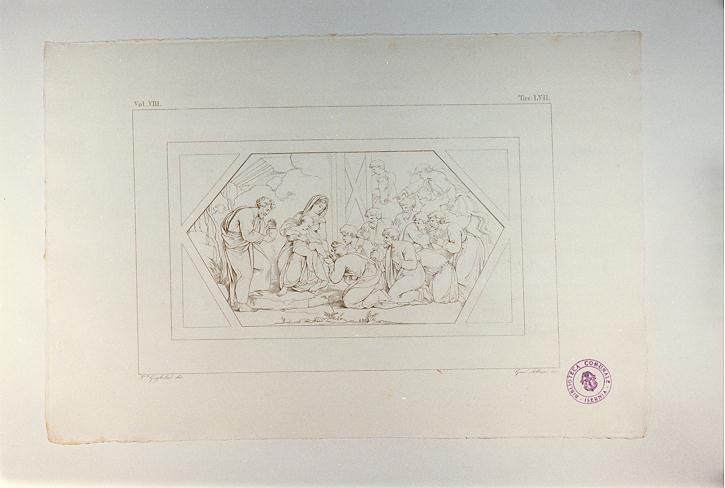 ADORAZIONE DEI MAGI (stampa tagliata, serie) di Sanzio Raffaello, Albani G, Guglielmi Paolo (sec. XIX)