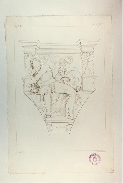 PROFETA GIONA (stampa tagliata, serie) di Buonarroti Michelangelo, Mannelli Antonio, Guglielmi Paolo (sec. XIX)