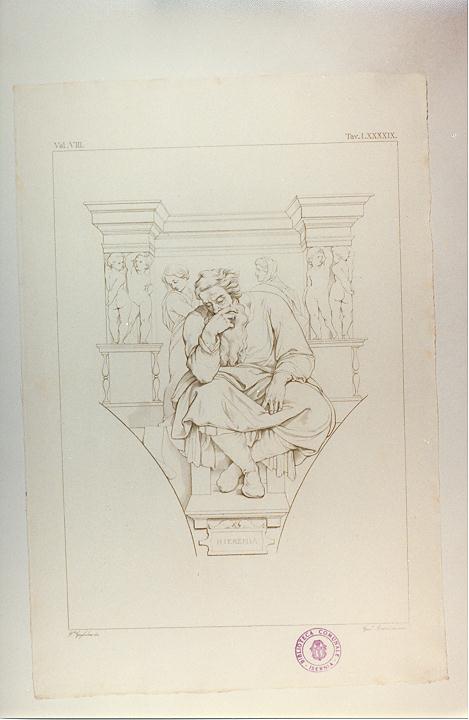 PROFETA GEREMIA (stampa tagliata, serie) di Buonarroti Michelangelo, Marcucci Giuseppe, Guglielmi Paolo (sec. XIX)