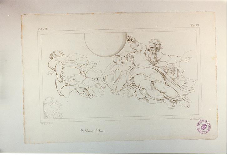 CREAZIONE DEL SOLE E DELLA LUNA (stampa tagliata, serie) di Buonarroti Michelangelo, Mannelli Antonio, Guglielmi Paolo (sec. XIX)