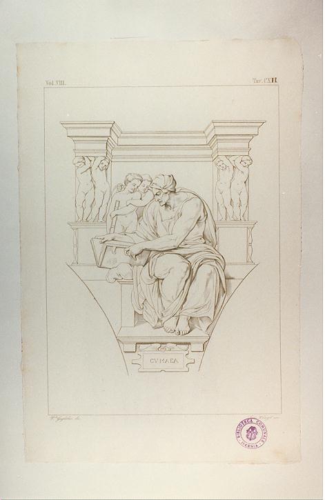 SIBILLA CUMANA (stampa tagliata, serie) di Buonarroti Michelangelo, Wenzel Giovanni, Guglielmi Paolo (sec. XIX)