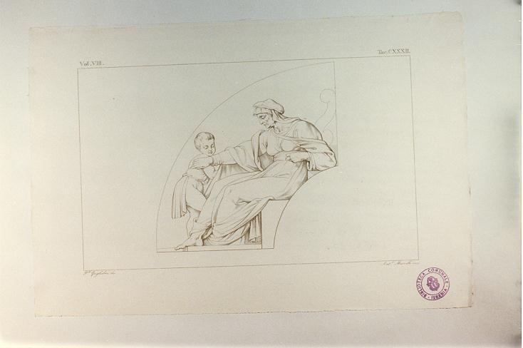 DONNA CON PUTTO (stampa tagliata, serie) di Buonarroti Michelangelo, Mannelli Antonio, Guglielmi Paolo (sec. XIX)