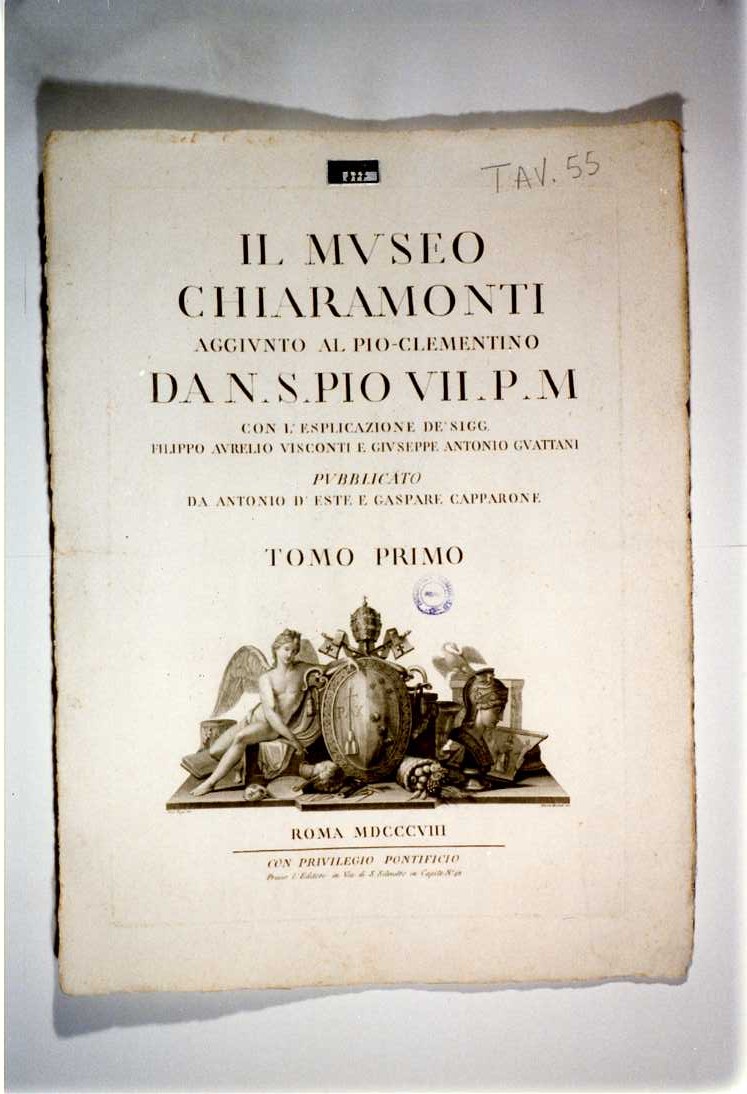 ALLEGORIA DELLE ARTI CON STEMMA PAPALE (stampa, serie) di Mochetti Alessandro, Pozzi Andrea (sec. XIX)