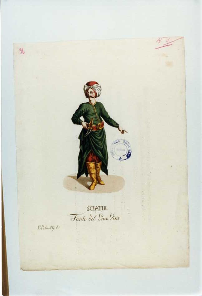 DIVISA DEL FANTE DEL GRAN VISIR (stampa a colori tagliata, serie) di Labruzzi L (prima metà sec. XIX)