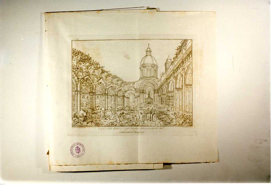 CHIESA DI S. MARIA DEGLI ANGELI DOPO IL TERREMOTO DEL 1832 (stampa, serie) di Mariani Giovanni Battista, Cottafavi Gaetano (sec. XIX)