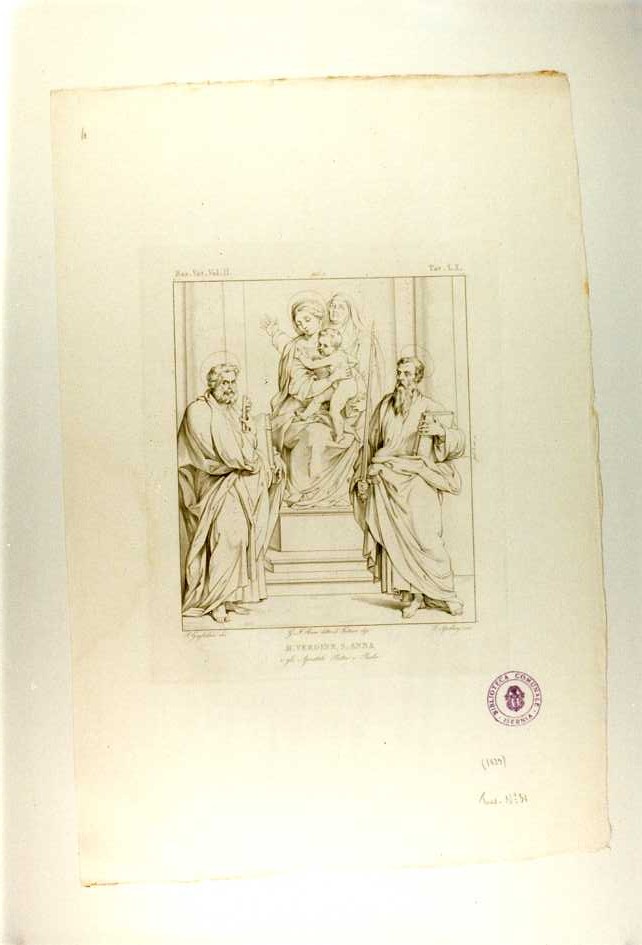 MADONNA CON BAMBINO E S. ANNA TRA I SANTI PIETRO E PAOLO (stampa, serie) di Penni Giovan Francesco detto il Fattore, Apolloni Quintilio Maria, Guglielmi Pablo (sec. XIX)