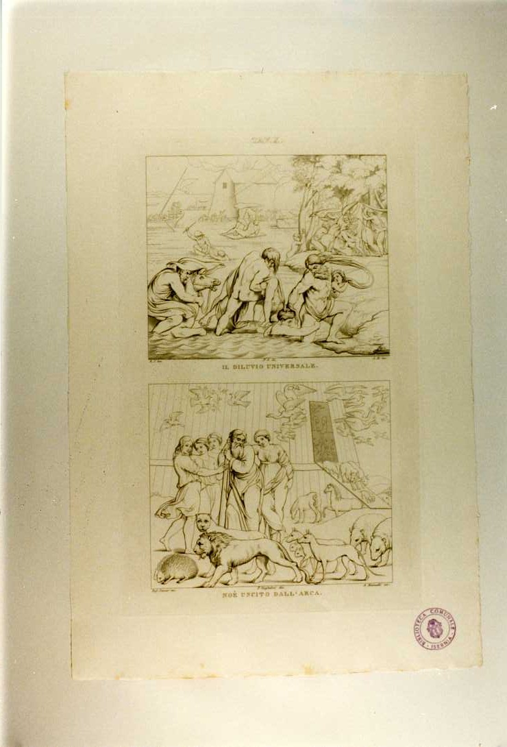 DILUVIO UNIVERSALE E NOE' CHE ESCE DALL'ARCA (stampa, serie) di Sanzio Raffaello, Mannelli Antonio, Guglielmi Pablo (secondo quarto sec. XIX)