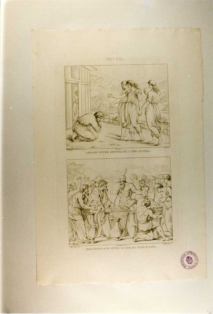 OSPITALITA' DI ABRAMO E ABRAMO RICEVUTO DA MELCHISEDECH (stampa, serie) di Sanzio Raffaello, Mannelli Antonio, Guglielmi Pablo (secondo quarto sec. XIX)