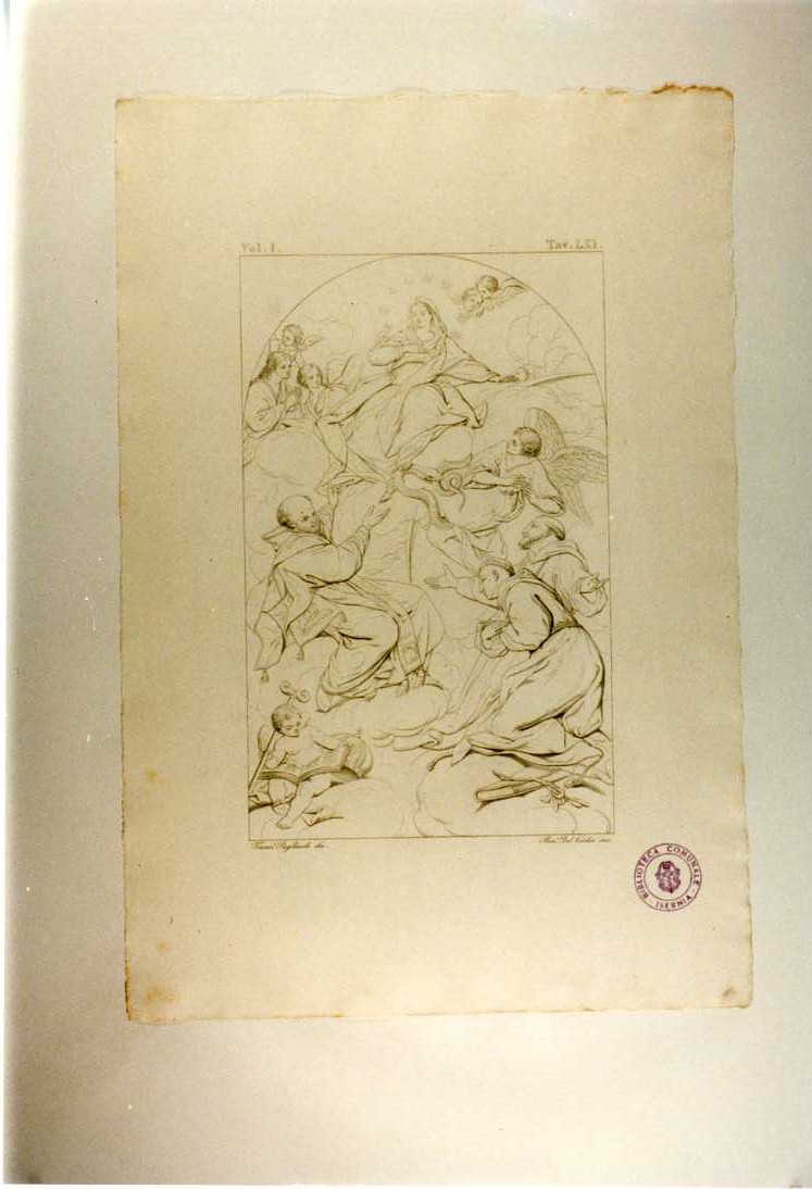 IMMACOLATA CONCEZIONE CON SAN FRANCESCO SAN BENEDETTO E SANTO VESCOVO (stampa smarginata, serie) di Bianchi Pietro, Del Vecchio Beniamino, Pagliuolo Francesco (sec. XIX)