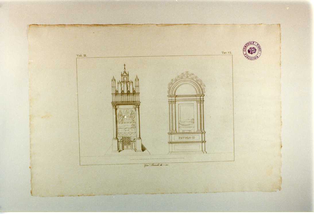 TOMBE DI PAOLO II E BONIFACIO VIII (stampa tagliata, serie) di Bianchi Giuseppe (sec. XIX)