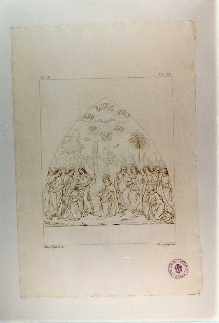 MARIA CON APOSTOLI. DIPINTO DELLA SALA DEL POZZO (stampa smarginata, serie) di Di Betto Bernardino detto Pinturicchio, Garzoli Francesco, Pagliuolo Francesco (sec. XIX)