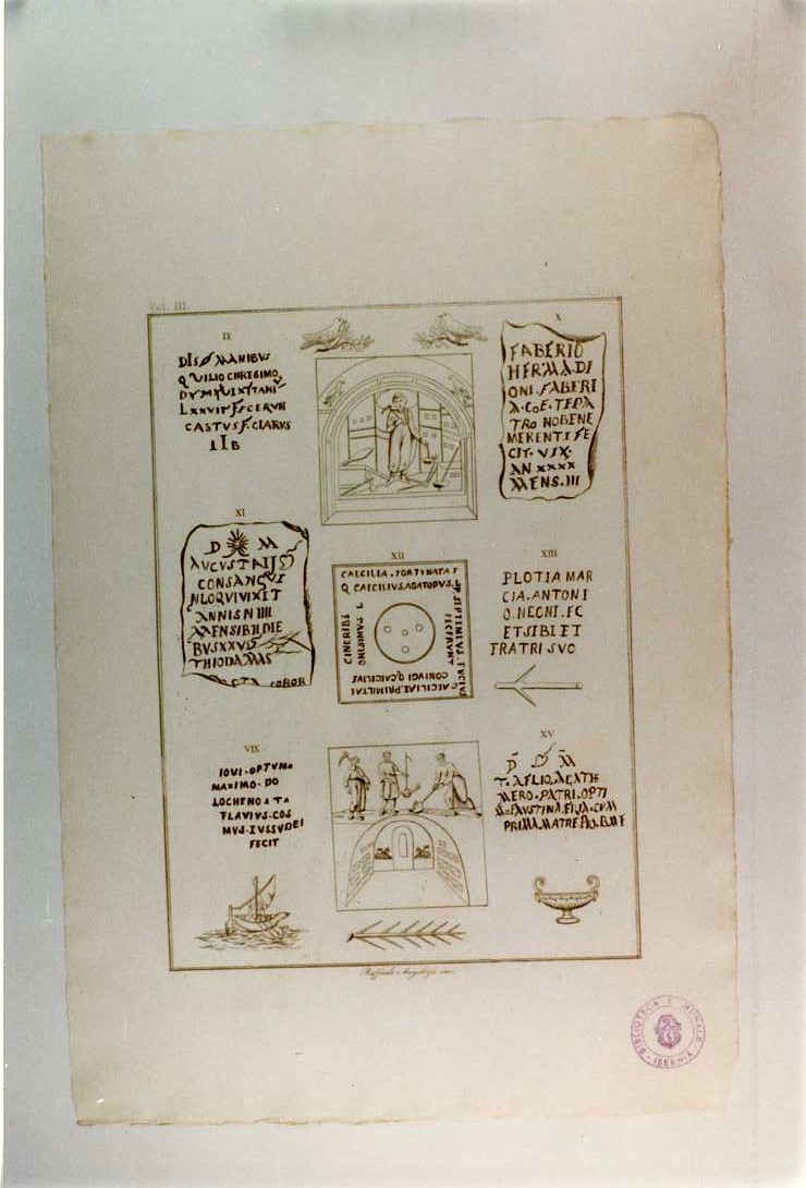 ISCRIZIONI E SIMBOLI DELLA CATACOMBA (stampa smarginata, serie) di Angelozzi Raffaele (sec. XIX)
